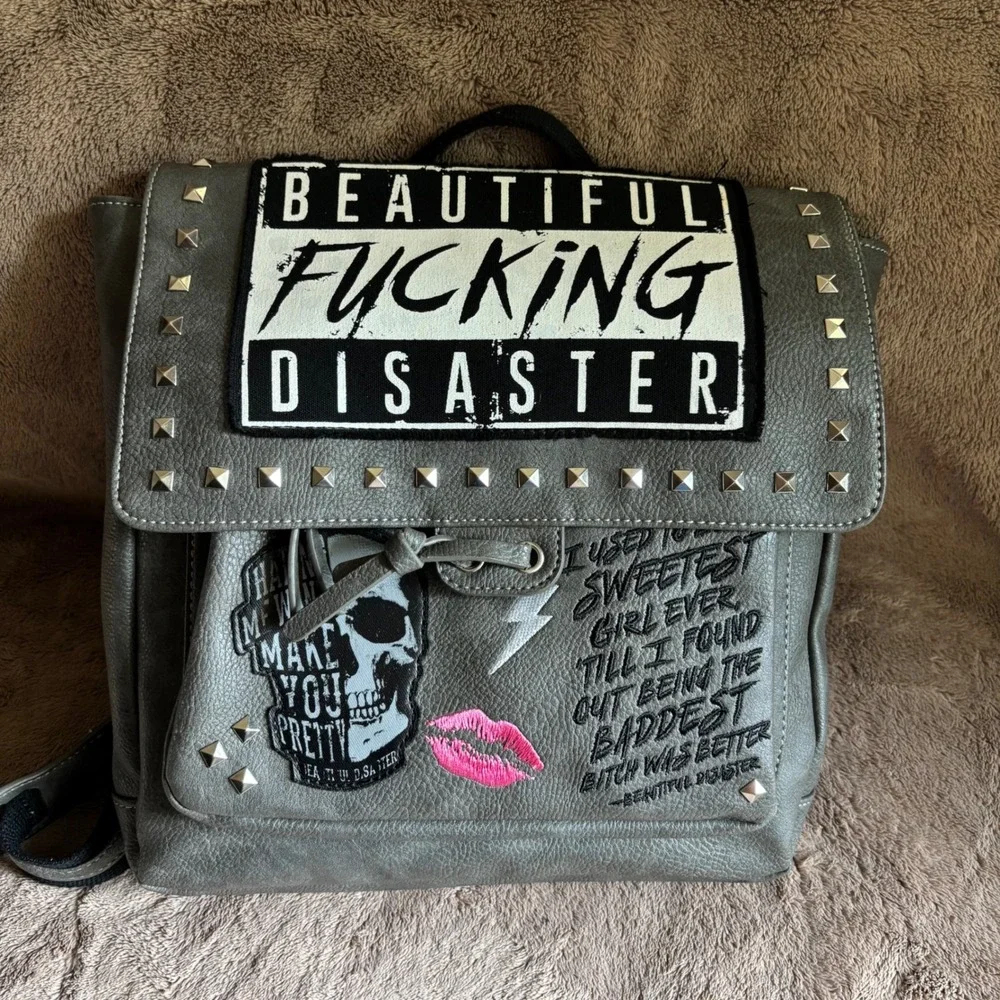 Beautiful Disaster Grey Studded Convertible Backpack Crossbody Bag Skull Punk